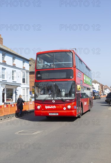 Ipswich Reds double decker Volvo service bus 32654, Aldeburgh, Suffolk, England, UK