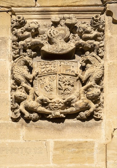Family coat of arms carved in stone on corner of historic building, crest of Don Pedro Mendoza Hidalgo, San Asensio, La Rioja Alta, Spain, Europe