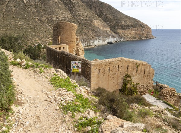Ruins of old historic castle at abandoned village of San Pedro, Cabo de Gata Natural Park, Nijar, Almeria, Spain, Europe