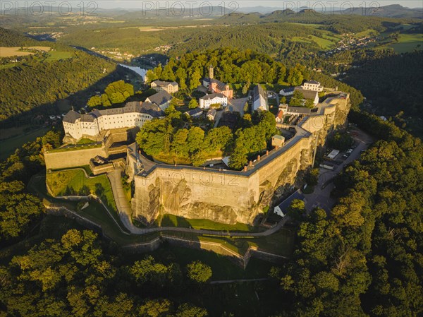 Aerial view of Koenigstein Fortress in Saxon Switzerland, Koenigstein, Saxony, Germany, Europe