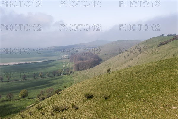 Fog clearing from chalk downs scarp slope Pewsey Vale, near Knap Hill, Alton Barnes, Wiltshire, England, UK