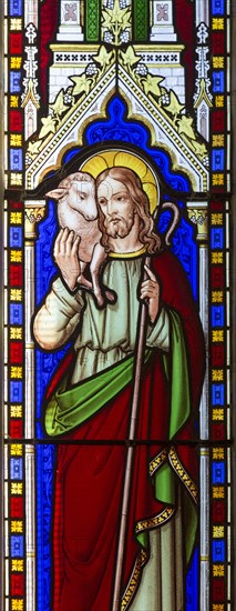 Jesus Christ the Good Shepherd, stained glass window circa 1846 thought to be by Wailes, church of Saint James Stert, Wiltshire, England, UK