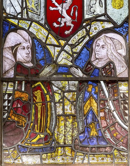 Medieval stained glass window, Holy Trinity church, Long Melford, Suffolk, England, Elizabeth Talbot (1443-1506), Elizabeth Tilney (1445-97)