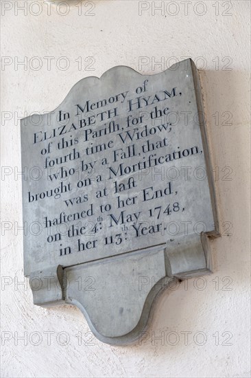 Memorial to a Elizabeth Hyam who lived to 113 church of Saint Mary, Boxford, Suffolk, England, UK died 1748