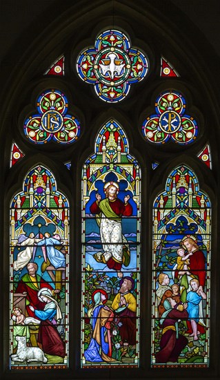 Stained glass window church of Saint Mary, Hemington, Somerset, England, UK