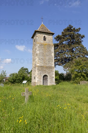 The remaining tower of the lost church of Lassington, Gloucestershire, England, UK