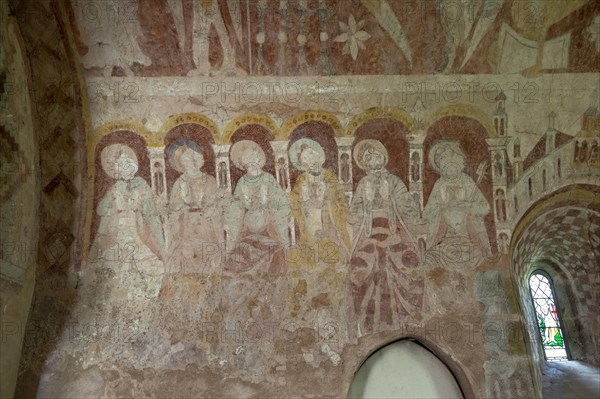 Medieval frescoes church of Saint Mary, Kempley, Gloucestershire, England, UK, apostles on chancel wall