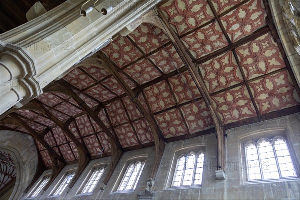 Interior of the priory church at Edington, Wiltshire, England, UK, 17th century plaster ceiling