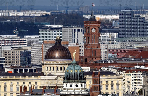 Red City Hall, the rebuilt Berlin Palace in the Humboldt Forum and the German Cathedral at Gendarmenmarkt, Berlin, 19 April 2021