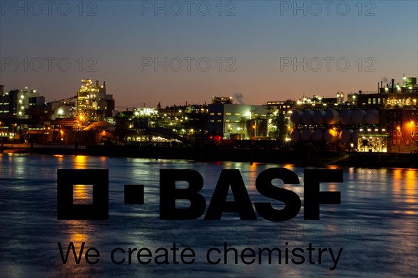 Night shot of BASF in Ludwigshafen with the BASF logo