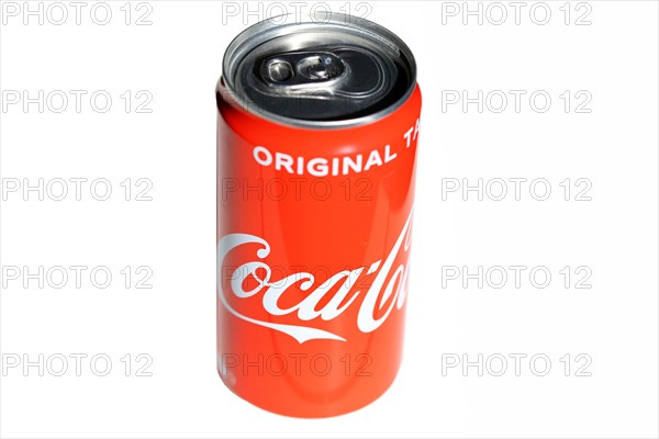 Coca-Cola can in front of a white background