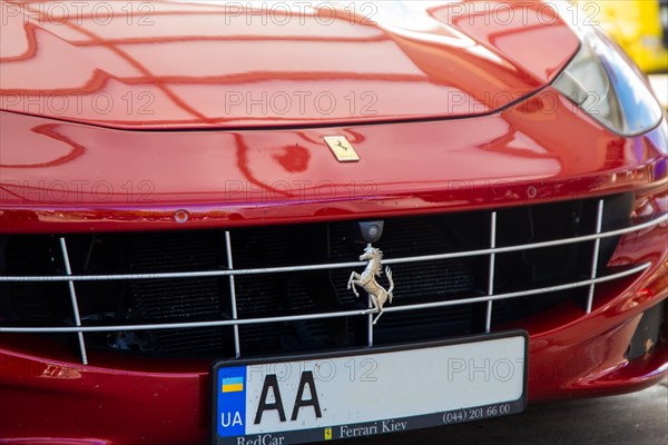 Close-up of a red Ferrari FF (seen at the Ellwanger Berge motorway service area, Baden-Wuerttemberg, Germany)