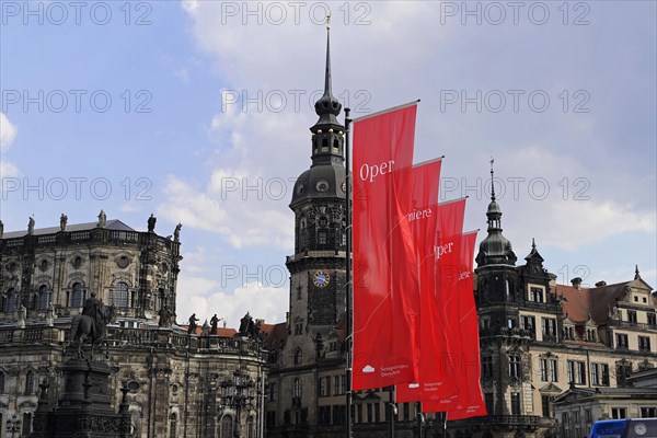Flags, Theatre Square, King John Monument, Theatre Square, Dresden, Saxony, Germany, Europe