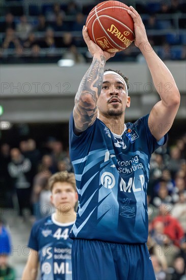 09.02.2024, easy Credit BBL, German Basketball League, Matchday 20) : MLP Academics Heidelberg against Basketball Lions Braunschweig (final score 76:94) . Free throw by Jeffrey Carroll (Heidelberg)