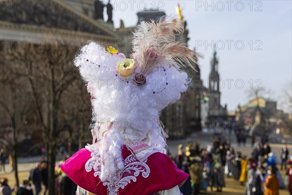 LUST & PASSION & JOY OF LIFE, for the joy of the masquerade, the Elbvenezian Carnival took place in Dresden on the weekend in front of Rose Monday. The highlight was the joint stroll through the historic centre with masks in robes in the style of the Elbe Venetian Carnival from the Neumarkt through the Altmarktgalerie, the Schlossstrasse, through the Stallhof, along the Fuerstenzug, onto the Bruehlsche Terrasse and into the Bruehlsche Garten, Dresden, Saxony, Germany, Europe