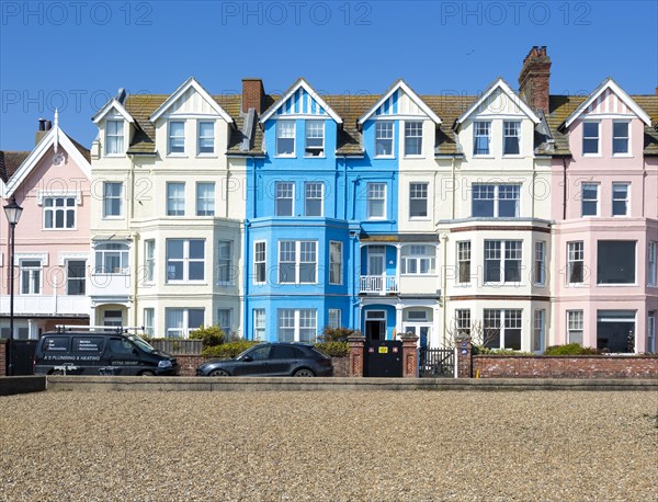 Historic colourful houses on the seafront, Aldeburgh, Suffolk, England, UK