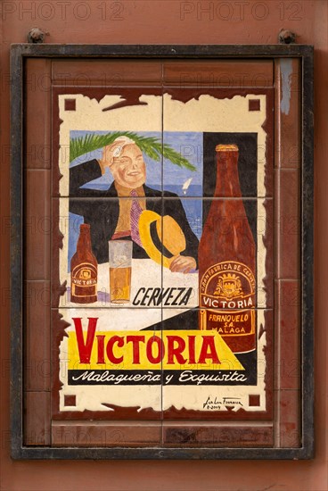 Ceramic tile advertising poster for Victoria beer brewed in Malaga, Spain, Cervezas Victoria Malaguena y exquisita, Europe