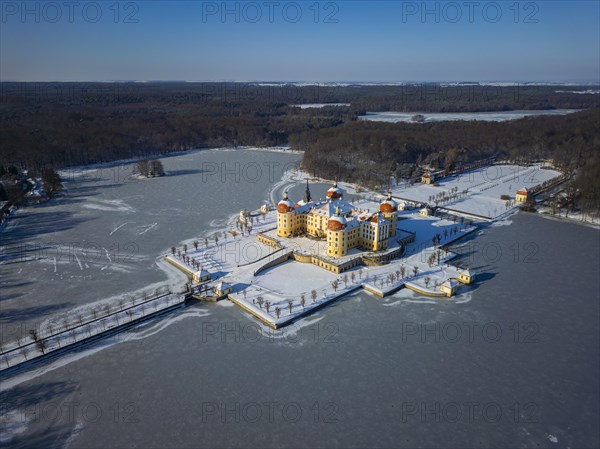 Moritzburg Castle on the castle island surrounded by the frozen castle pond, Moritzburg, Saxony, Germany, Europe