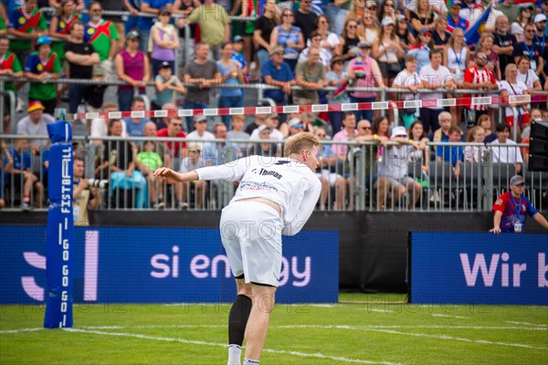 Fistball World Championship from 22 July to 29 July 2023 in Mannheim: The German national team won its opening match against Namibia with 3:0 sets. Pictured here: Attacking player Patrick Thomas from TSV Pfungstadt