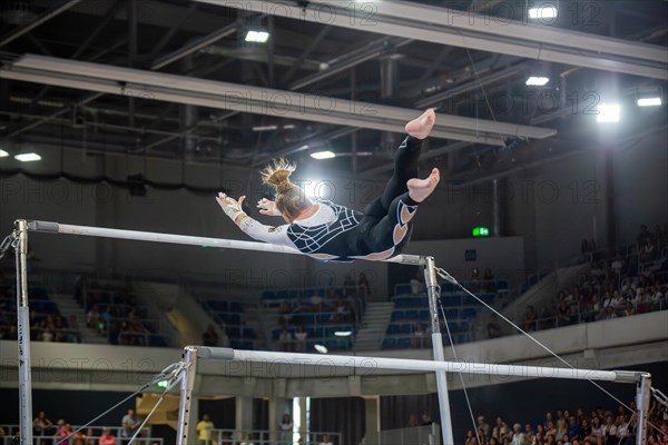 Heidelberg, 9 September 2023: Women's apparatus gymnastics national competition in the SNP Dome in Heidelberg. Karina Schoenmaier performs on the uneven bars