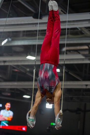 Heidelberg, 9 September 2023: Men's World Championship qualification in conjunction with a national competition against Israel. Nick Klessing during his routine on the rings