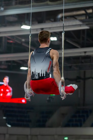 Heidelberg, 9 September 2023: Men's World Championship qualification in conjunction with a national competition against Israel. Glenn Trebing during his routine on the rings