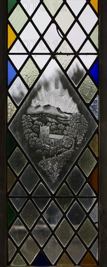 Modern glass engraving inside church of Saint Peter, Milton Lilbourne, Wiltshire, England, UK engraved by Simon Whistler (1940-2005) as a Millennium commemoration
