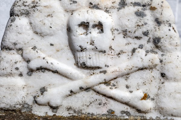 Marble skull and cross bones hermitage chapel Ermida de Nossa Senhora da Represa de Vila Ruiva, Cuba, Beja district, Baixo Alentejo, Portugal, southern Europe, Europe