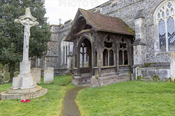 17th Century wooden porch church of Saint Mary, Boxford, Suffolk, England, UK
