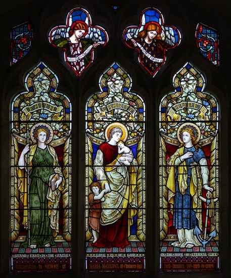 Stained glass window, Shimpling church, Suffolk, England, UK c 1890 by Powell, Faith Hope and Charity