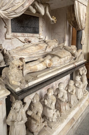 Interior of the priory church at Edington, Wiltshire, England, UK, the Lewis family memorial monument 17th century