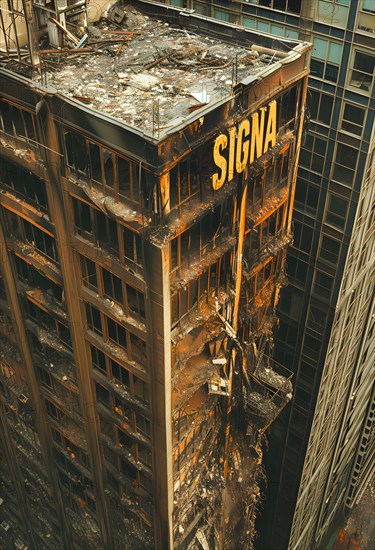 Symbolic image for the collapse of Rene Benko's SIGNA Group, a completely destroyed high-rise building with the group's logo, in the middle of a business district, AI generated, insolvency, mismanagement, corruption