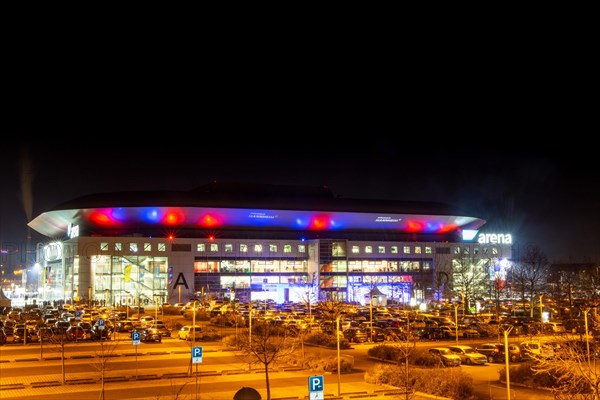 Night shot of the brightly lit SAP Arena in Mannheim at an Adler Mannheim home game