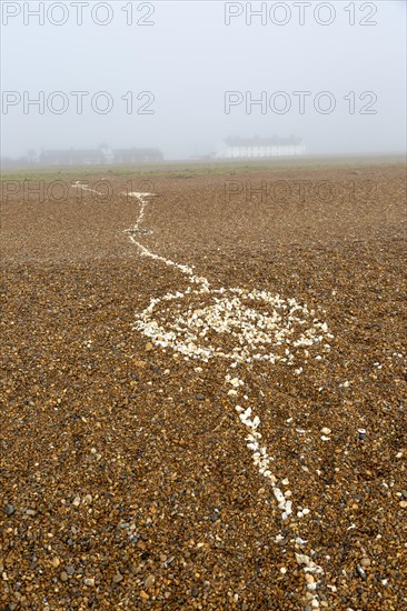 Coastal fog adds mystery to a line of white shells crossing pebble beach, Shingle Street, Suffolk, England, UK