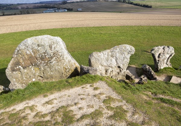 Large standing stones at the entrance to Neolithic long barrow at West Kennet, Wiltshire, England, UK
