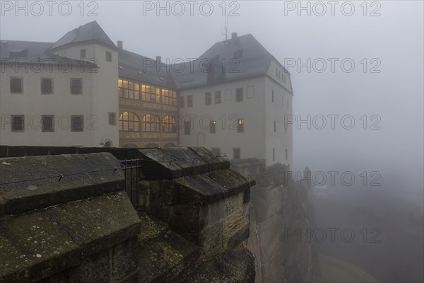 Winter atmosphere at the mountain fortress. Georgenburg Castle, Koenigstein, Saxony, Germany, Europe