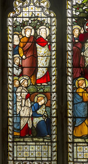 Stained glass window church of Saint John, Saxmundham, Suffolk, England, UK, Sermon on the Mount, Harry Ellis Wooldridge for Powell and Sons, 1875