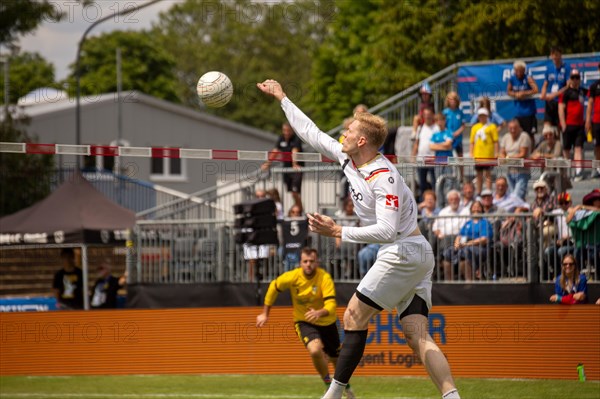 Fistball World Championship from 22 July to 29 July 2023 in Mannheim: The German national team won its opening match against Namibia with 3:0 sets. Pictured here: Attacking player Patrick Thomas from TSV Pfungstadt