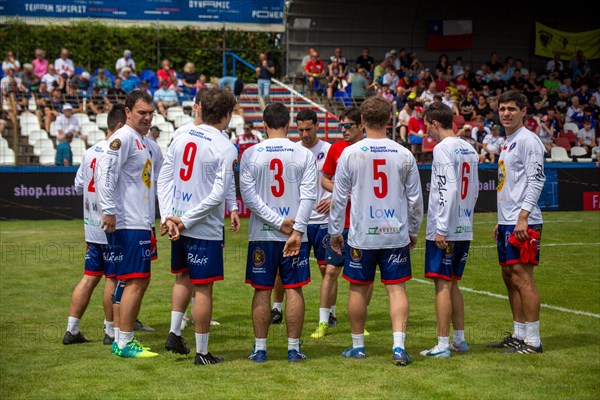 Fistball World Championship from 22 July to 29 July 2023 in Mannheim: The South American clash between Argentina and Chile took place on 23 July. In a hard-fought match, Argentina won in the end with 3:2 sets. Here in the picture: The national team of Chile