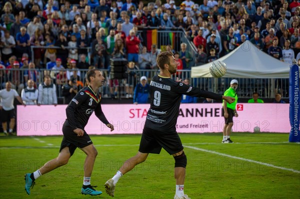 Fistball World Championship from 22 July to 29 July 2023 in Mannheim: Germany won the quarter-final match against Chile 3:0 sets to advance to the semi-finals. Here in the picture: Nick Trinemeier (9) and Philipp Hofmann (3)