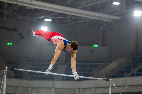 Heidelberg, 9 September 2023: Men's World Cup qualification in conjunction with a national competition against Israel. Lukas Dauser performing his routine on the high bar