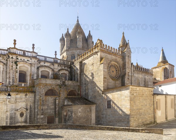 Historic Roman Catholic cathedral church of Evora, Se de Evora, in the city centre, Basilica Cathedral of Our Lady of Assumption, the largest medieval cathedral in Portugal exterior of building dating from the 16th Century