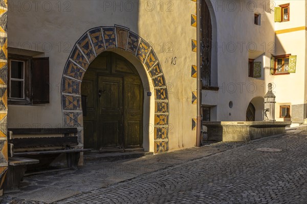 Front door, window, sgraffito, facade decorations, Guarda, Engadin, Graubuenden, Switzerland, Europe