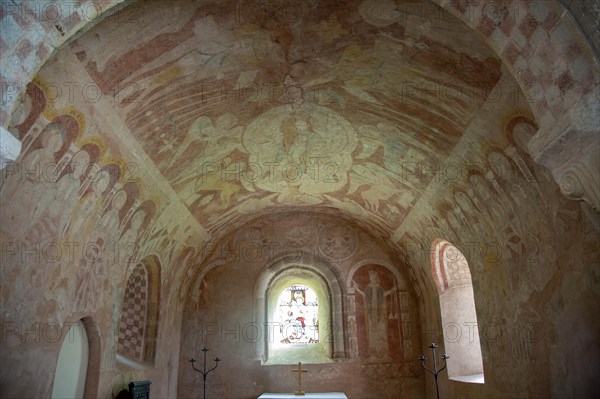 Medieval frescoes church of Saint Mary, Kempley, Gloucestershire, England, UK, Christ in Majesty chancel ceiling c1120