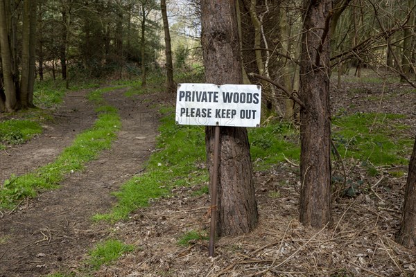 Sign keep out private woods Sutton, Suffolk, England, Uk