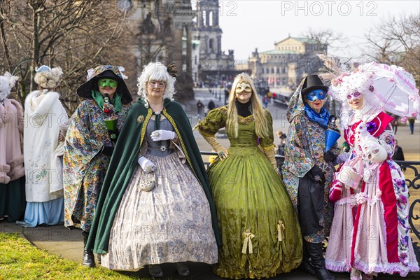 LUST & PASSION & JOY OF LIFE, for the joy of the masquerade, the Elbvenezian Carnival took place in Dresden on the weekend in front of Rose Monday. The highlight was the joint stroll through the historic centre with masks in robes in the style of the Elbe Venetian Carnival from the Neumarkt through the Altmarktgalerie, the Schlossstrasse, through the Stallhof, along the Fuerstenzug, onto the Bruehlsche Terrasse and into the Bruehlsche Garten, Dresden, Saxony, Germany, Europe