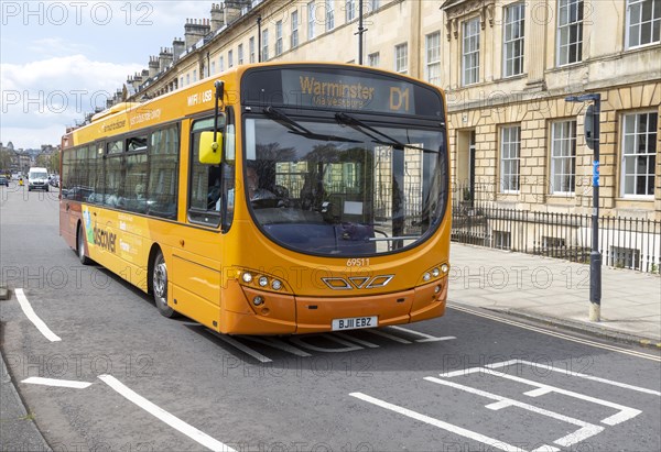 Volvo B7RLE Wright Eclipse 2 Discover First bus service to Warminster, Great Pulteney Street, Bath, Somerset, England, UK