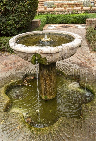 Stone water fountain in garden of historic Moorish palace Alcazaba, Malaga, Andalusia, Spain, Europe