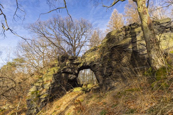 The Hohle Stein, a rock gate about three metres high and about four metres wide near Oelsen (area natural monument), Oelsen, Saxony, Germany, Europe