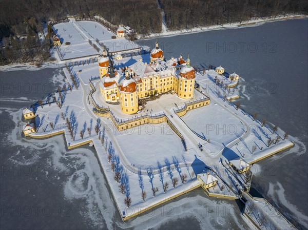 Moritzburg Castle on the castle island surrounded by the frozen castle pond, Moritzburg, Saxony, Germany, Europe